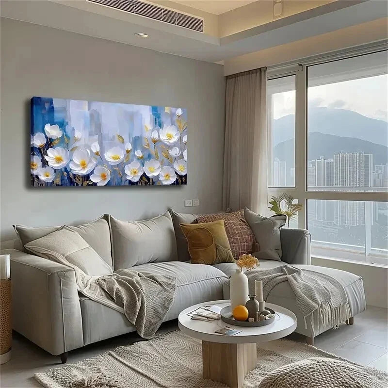 White Flowers Yellow Center Wall Art Canvas Office Home Room Framed 120x60cm