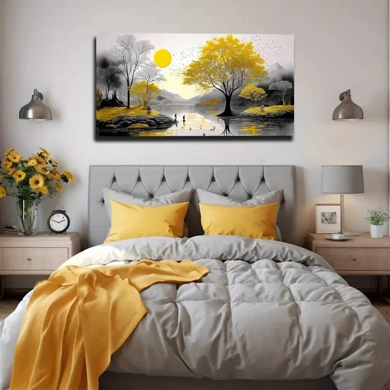 Serene Yellow Tree Sunset Scene Wall Art Canvas Office Home Room Framed 120x60cm