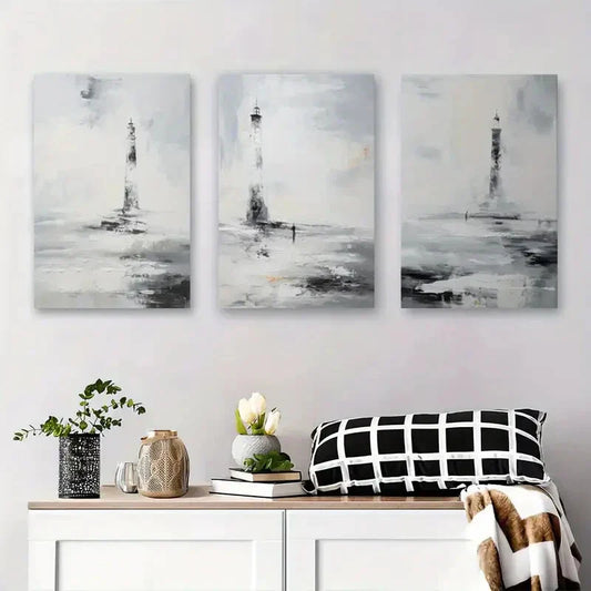 3pcs Abstract Lighthouse Art, Black and White Metal Print Ready to Hang Art