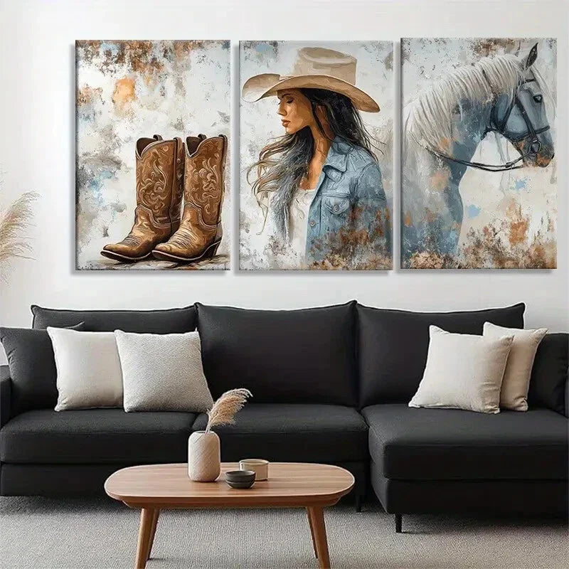3pcs Rustic Country Girl Boots & Horse Perfect Wall Art Set Canvas Framed 40x60cm - High Quality Print 100% Australian Made Wall Canvas Ready to Hang