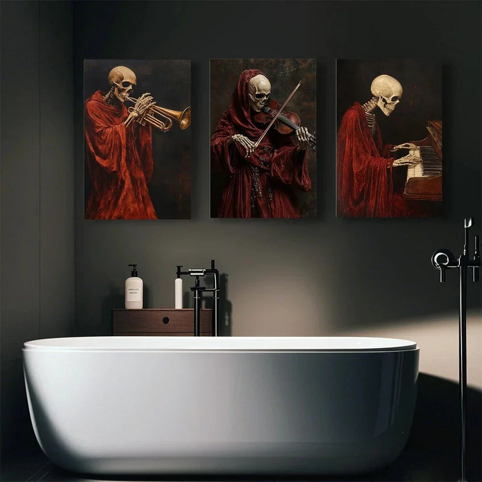 3pcs Abstract Skeletons Playing Music Instruments Metal Print Ready to Hang Art