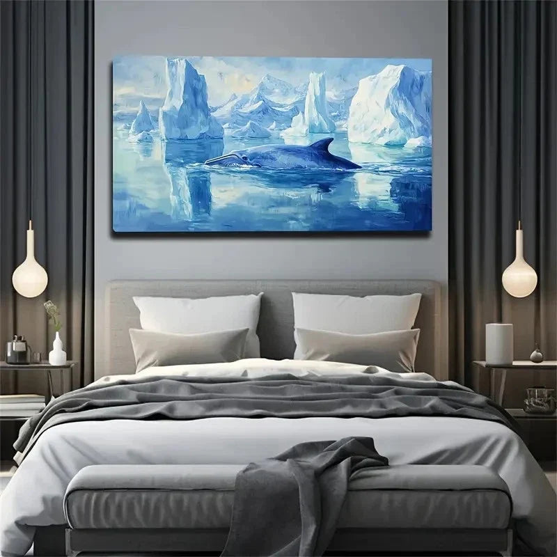 Whale & Icebergs Scene Décor Wall Art Canvas Office Home Room Framed 120x60cm