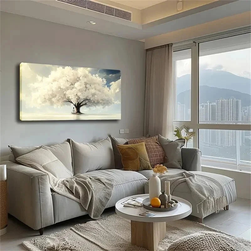 Serene Tree Blue Sky White Wall Art Canvas Office Home Room Framed 120x60cm
