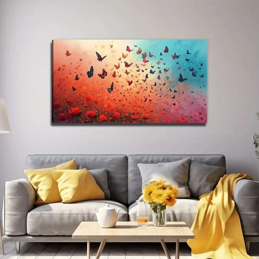 Vibrant Butterfly & Floral Wall Art Canvas Office Home Room Framed 80x45cm