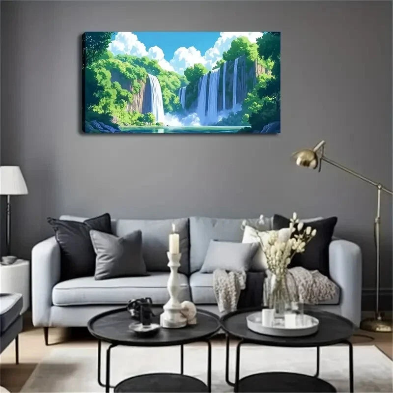 Waterfalls & Green Trees Lands Wall Art Canvas Office Home Room Framed 120x60cm