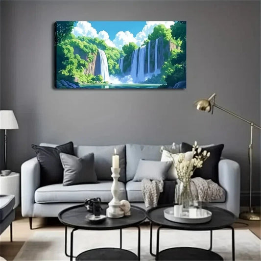 Waterfalls & Green Trees Lands Wall Art Canvas Office Home Room Framed 120x60cm