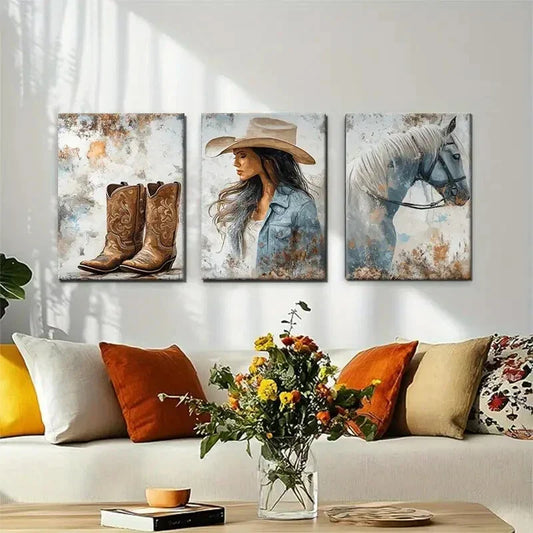 3pcs Rustic Country Girl Boots & Horse Perfect Wall Art Set Canvas Framed 40x60cm - High Quality Print 100% Australian Made Wall Canvas Ready to Hang