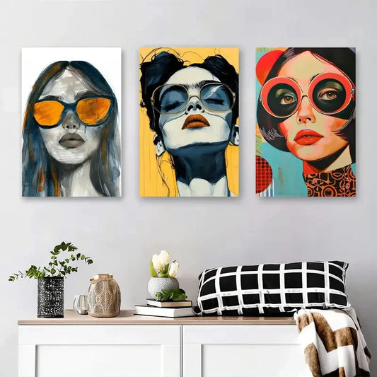 3pcs Women with Fashion Glasses, Colorful Metal Print Ready to Hang Art