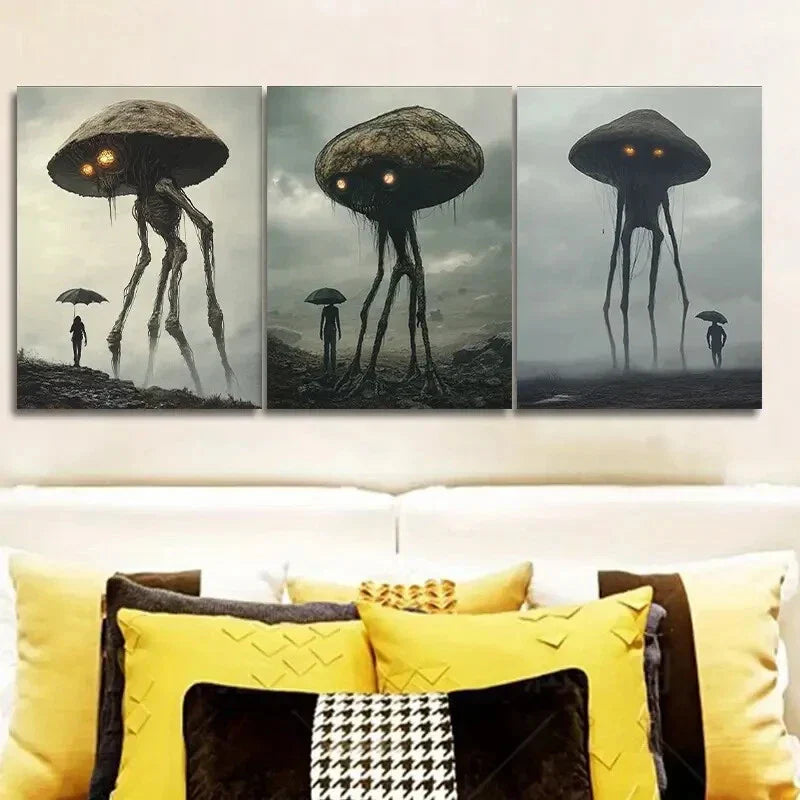 3pcs Mushroom Monster Theme Metal Print Ready to Hang Art