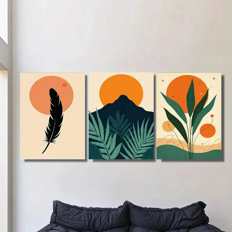3pcs Modern Abstract Feather, Mountain Metal Print Ready to Hang Art