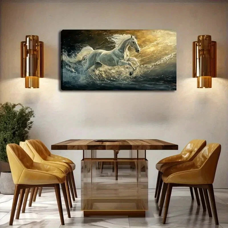 Horse Galloping on Sunlit Sea Wall Art Canvas Office Home Room Framed 120x60cm