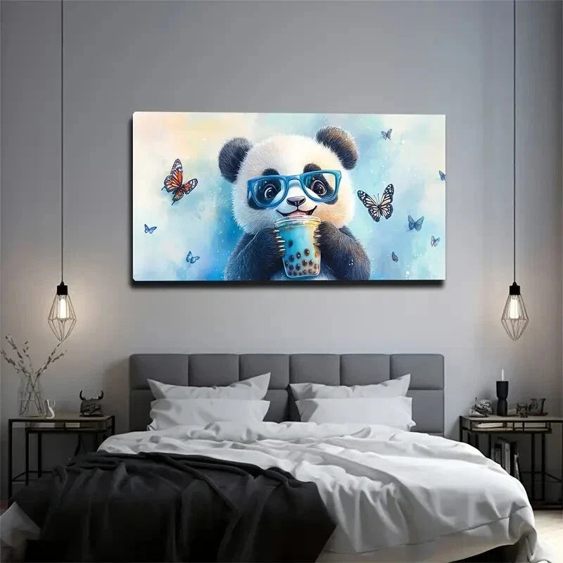 Adorable Panda Blue Glasses Wall Art Canvas Office Home Room Framed 120x60cm