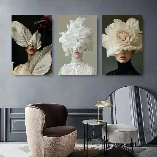 3pcs White Flower Fashion Portrait Abstract Metal Print Ready to Hang Art