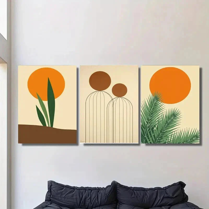 3pcs Modern Abstract Minimalist Sunset and Plant Metal Print Ready to Hang Art