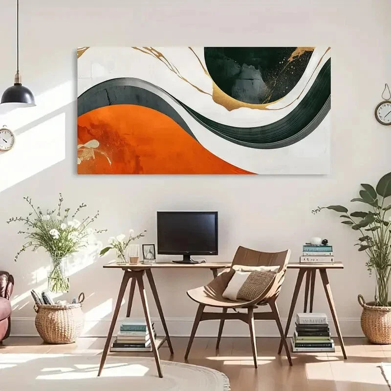 Bold Orange Black White Golden Wall Art Canvas Office Home Room Framed 80x45cm