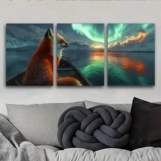 3pcs  Aurora Borealis Fox Canvas Print Norther Wall Art Set Canvas Framed 40x60cm - High Quality Print 100% Australian Made Wall Canvas Ready to Hang