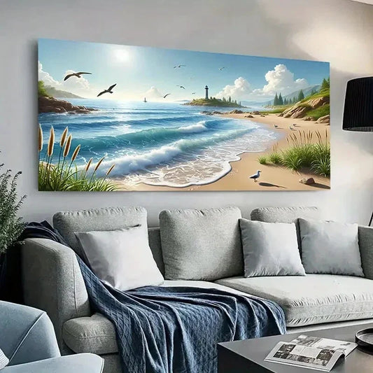 Palm Trees Seagulls & Ocean Wall Art Canvas Office Home Room Framed 80x45cm