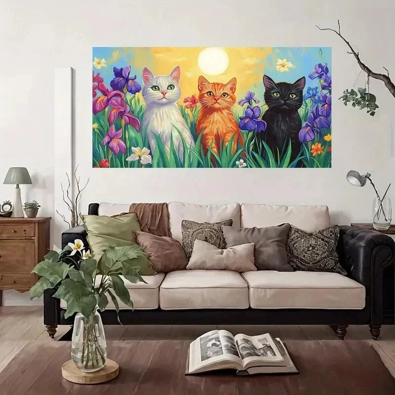 Cats In Flower Garden Wall Art Canvas Office Home Room Framed 80x45cm