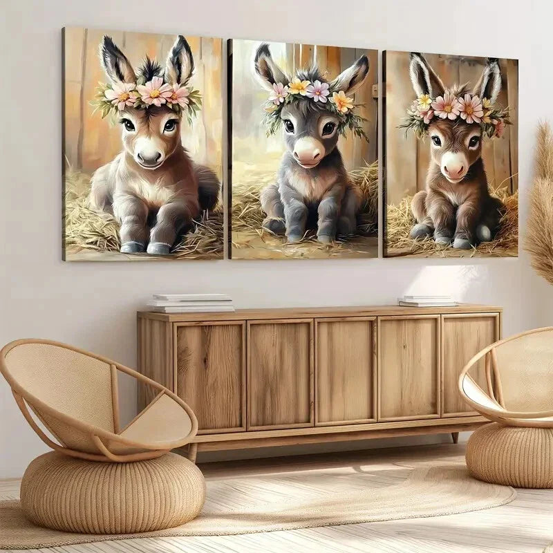 3pcs Cute Baby Big Eyes Donkey Florals & Leaves Wall Art Set Canvas Framed 40x60cm - High Quality Print 100% Australian Made Wall Canvas Ready to Hang