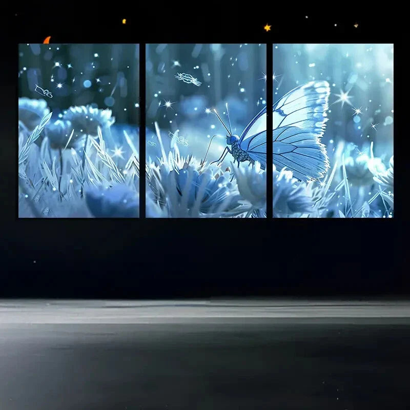 3pcs Butterfly Blue & White Wings Metal Print Ready to Hang Art