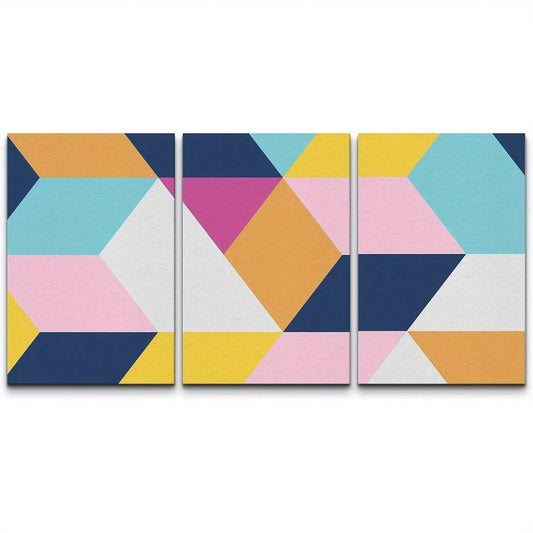 3pcs Orange Cubic Illusion Abstract Shapes Metal Print Ready to Hang Art