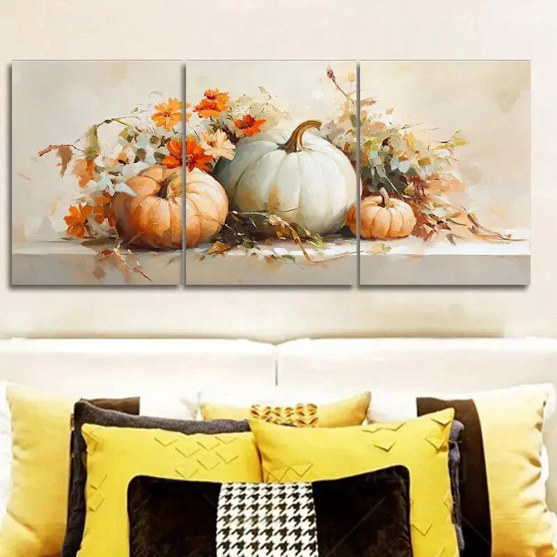 3pcs Paintings of pumpkins and flowers Metal Print Ready to Hang Art