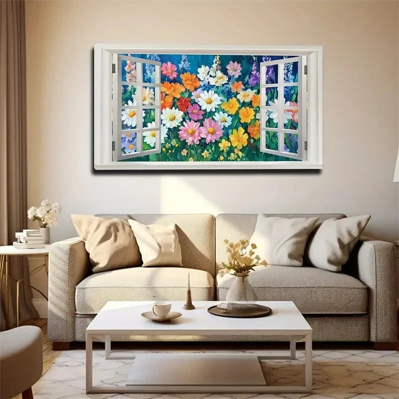 Vibrant Floral Faux Window Dark Wall Art Canvas Office Home Room Framed 80x45cm