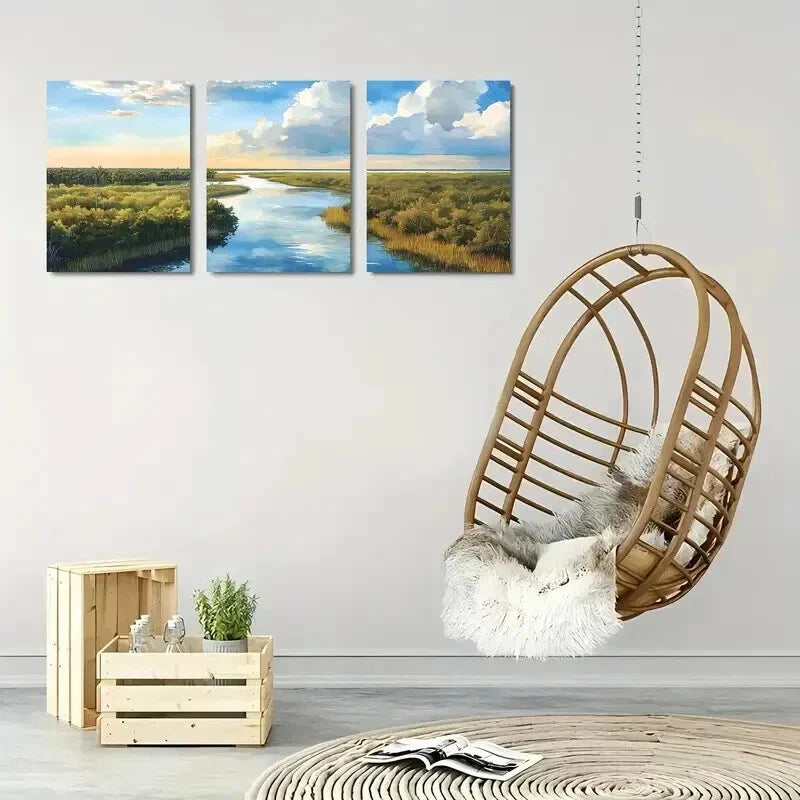 3pcs Serene River & Marsh Watercolor Landscape Wall Art Set Canvas Framed 40x60cm - High Quality Print 100% Australian Made Wall Canvas Ready to Hang