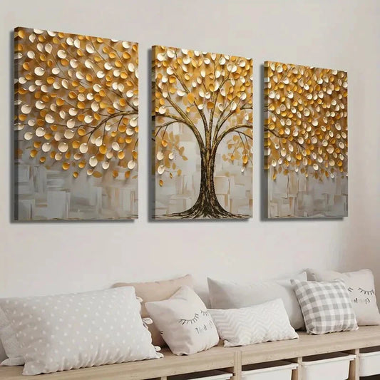 3pcs Golden Black and White Tree Texture Wall Art Set Canvas Framed 40x60cm - High Quality Print 100% Australian Made Wall Canvas Ready to Hang