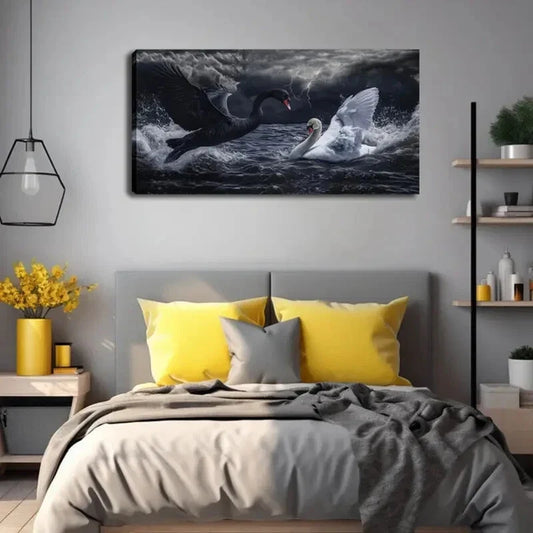 White Swan on Turbulent Waters Wall Art Canvas Office Home Room Framed 120x60cm