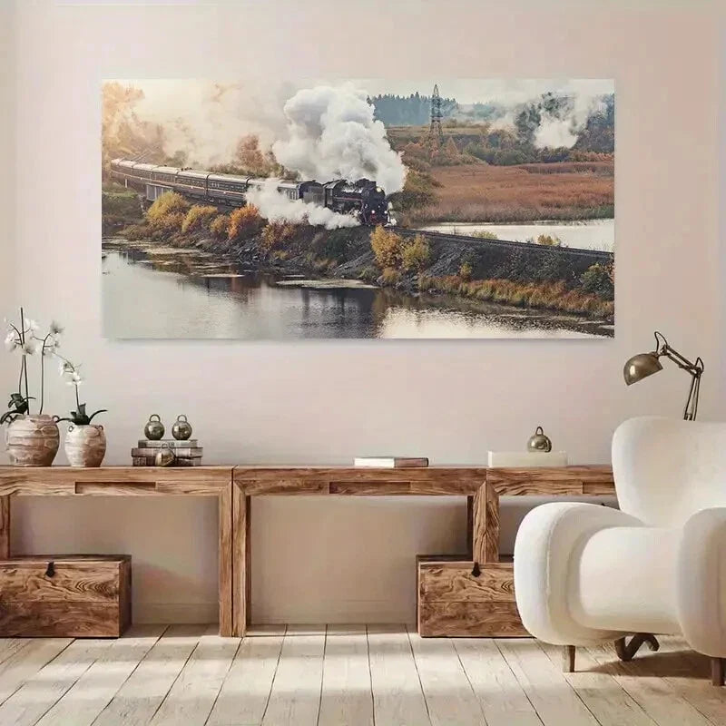 Vintage Steam Train Retro River Wall Art Canvas Office Home Room Framed 80x45cm