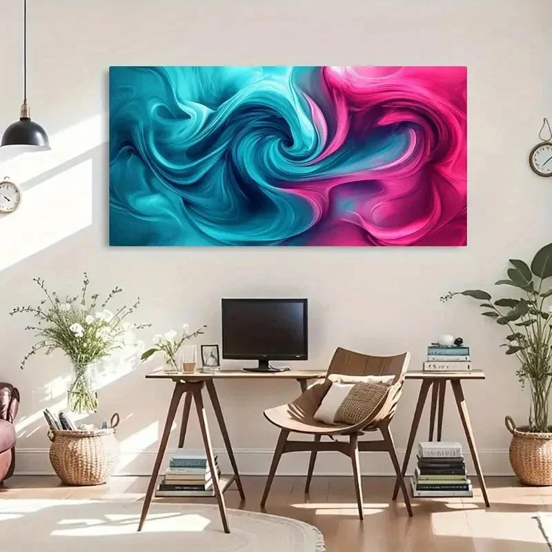 Fluid Abstract Pink Blue Swirls Wall Art Canvas Office Home Room Framed 120x60cm