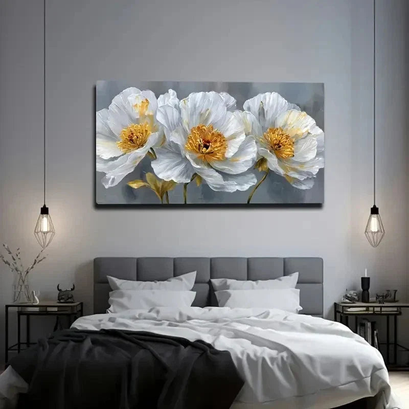 Three White Peonies Landscape Wall Art Canvas Office Home Room Framed 120x60cm