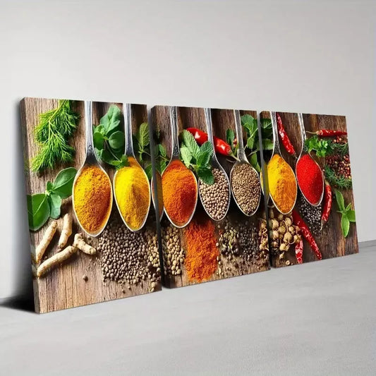 3pcs Fashion Kitchen Colorful Spices Spoons Wall Art Set  Canvas Framed 40x60cm - High Quality Print 100% Australian Made Wall Canvas Ready to Hang