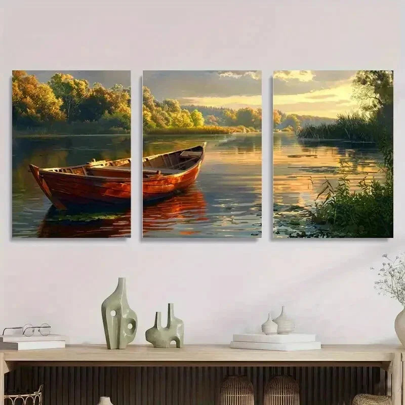 3pcs anquil Lake & Boat Nature Classic Metal Print Ready to Hang Art