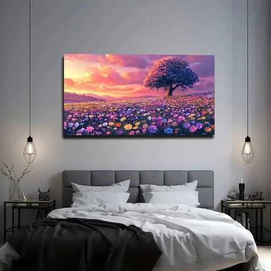 Vibrant Floral Beach Scene Wall Art Canvas Office Home Room Framed 80x45cm