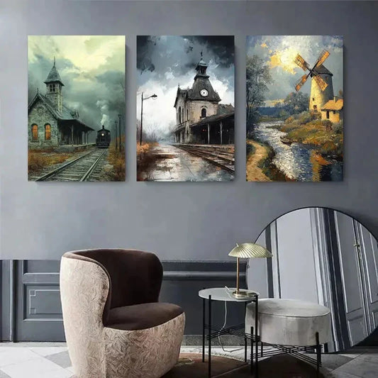 3pcs Vintage Train Station and Windmill Metal Print Ready to Hang Art