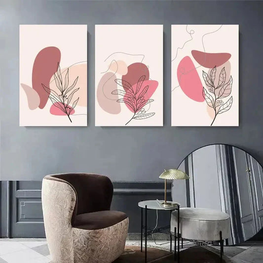3pcs Abstract Pink and Beige Leaf Minimalist Metal Print Ready to Hang Art