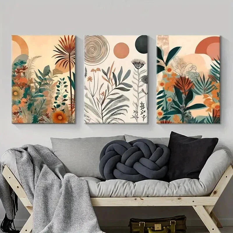 3pcs Bohemian Sun Leaves and Flowers Wall Art Set Canvas Framed 40x60cm - High Quality Print 100% Australian Made Wall Canvas Ready to Hang