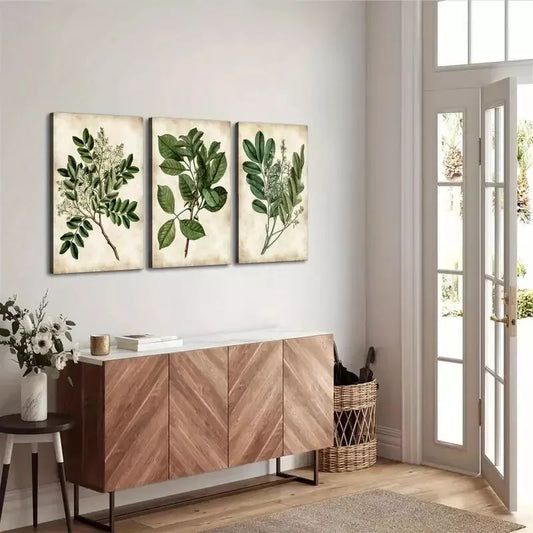 3pcs Abstract Green Leaves Botanical Vintage Wall Art Set Canvas Framed 40x60cm - High Quality Print 100% Australian Made Wall Canvas Ready to Hang