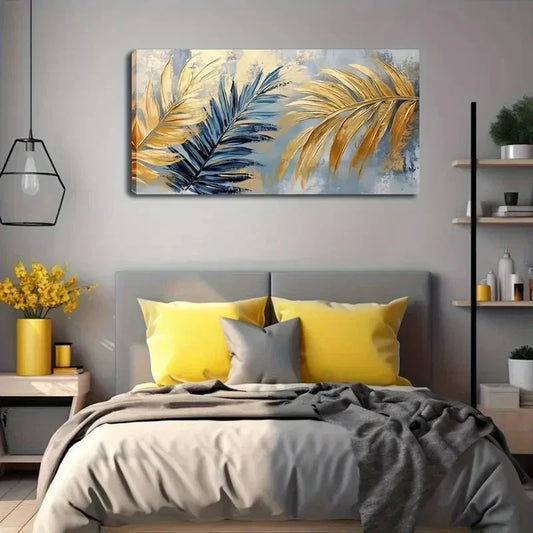 Golden & Blue Palm Leaves Wall Art canvas office home room framed 120x60cm