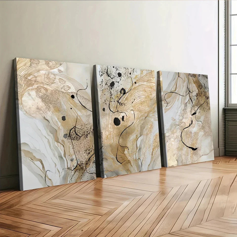 3pcs Golden Marble Abstract Golden Black Lines Wall Art Set Canvas Framed 40x60cm - High Quality Print 100% Australian Made Wall Canvas Ready to Hang