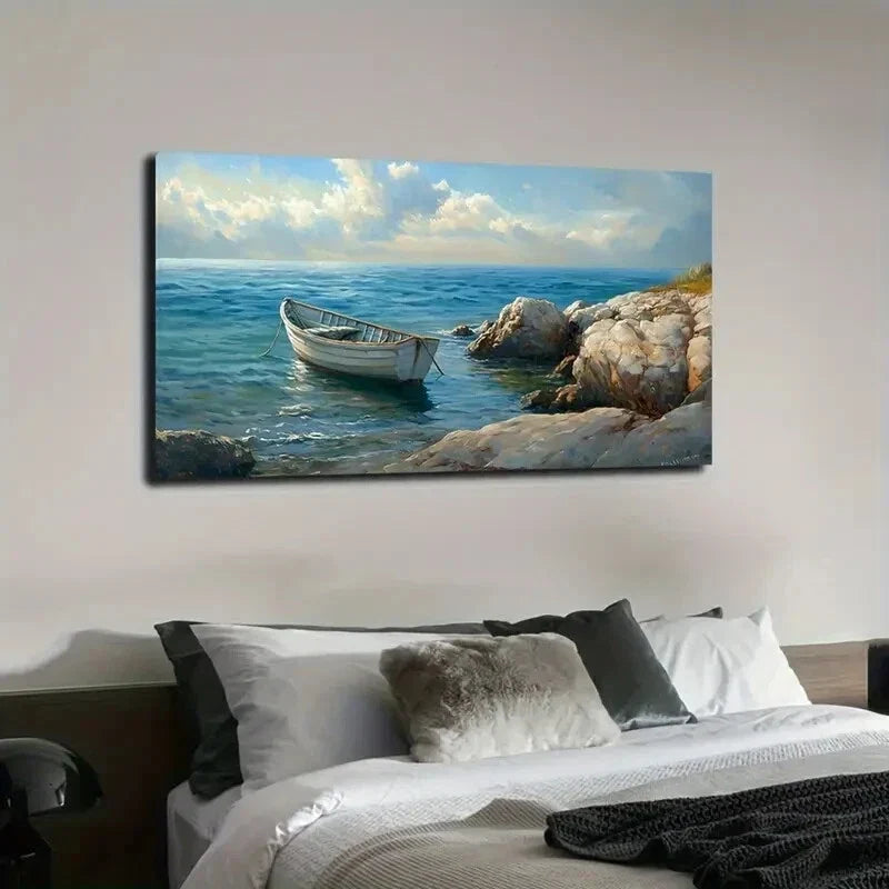 Serene White Boat Shallow Sea Wall Art Canvas Office Home Room Framed 120x60cm