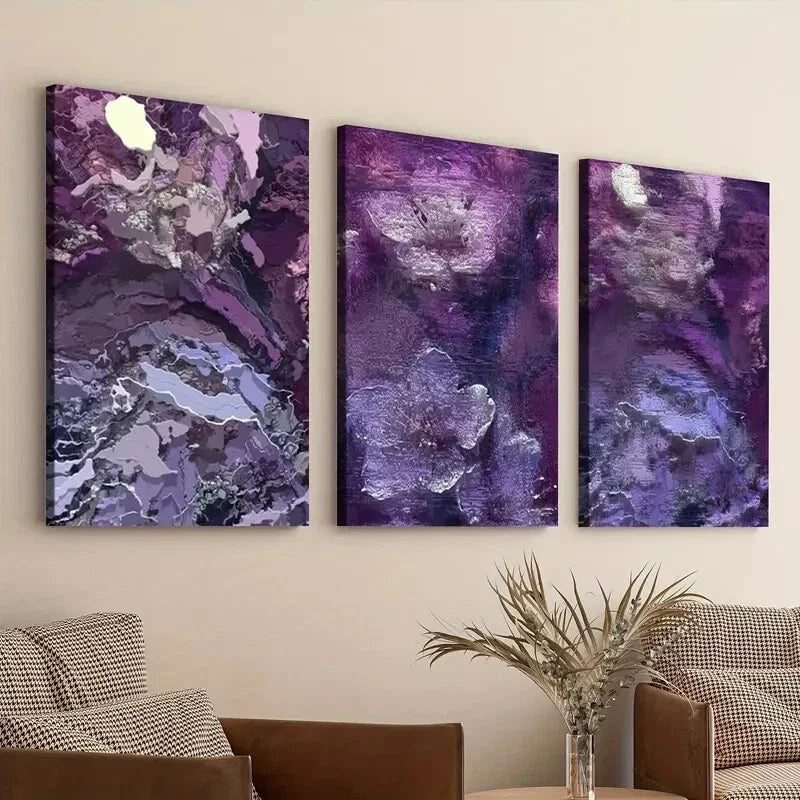 3pcs Purple Flower Abstract Elegant Artistic Wall Art Set Canvas Framed 40x60cm - High Quality Print 100% Australian Made Wall Canvas Ready to Hang