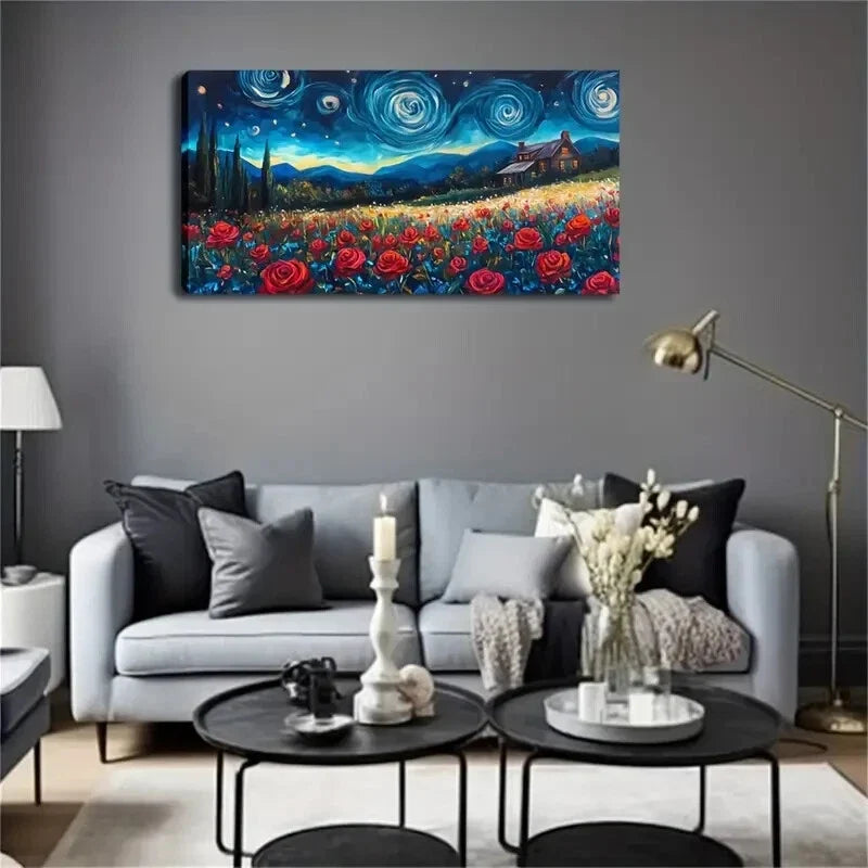 Vibrant Red Rose Field Starry Wall Art Canvas Office Home Room Framed 120x60cm