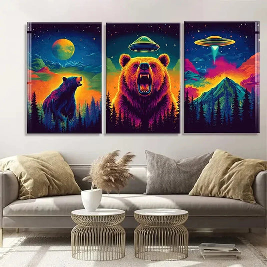 3pcs Wild Bear UFO and Cosmic Landscape Perfect Wall Art Set Canvas Framed 40x60cm - High Quality Print 100% Australian Made Wall Canvas Ready to Hang