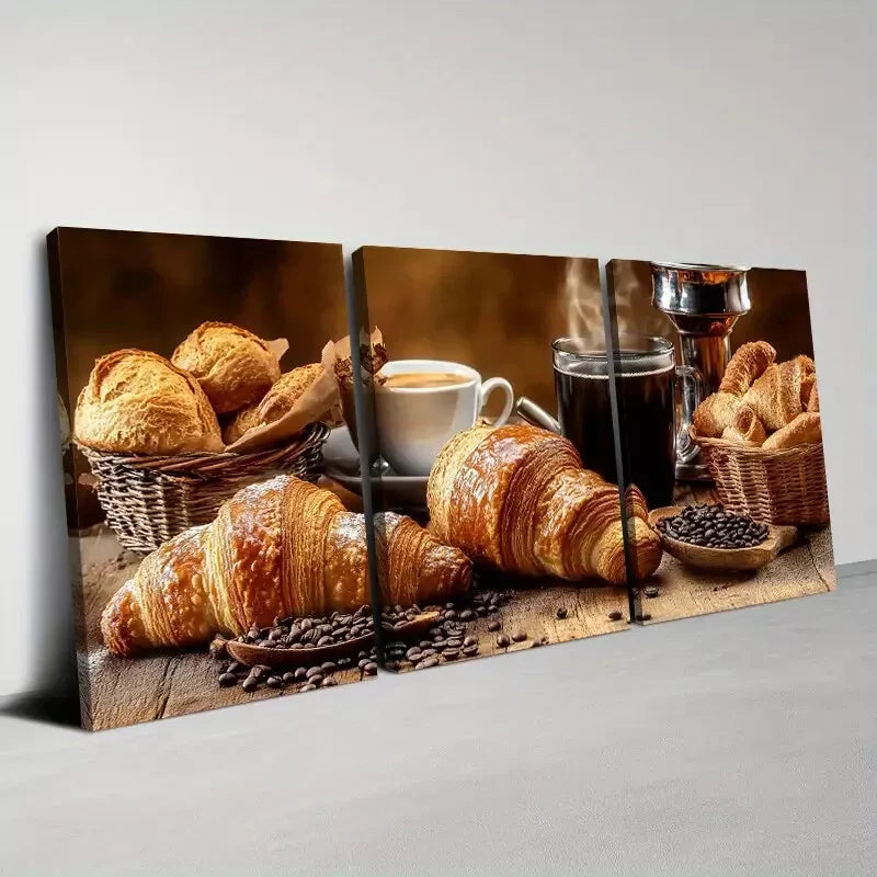 3pcs Delicious Fashionable Coffee And Croissant Wall  Art Set Canvas Framed 40x60cm - High Quality Print 100% Australian Made Wall Canvas Ready to Hang