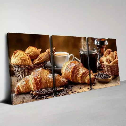 3pcs Delicious Fashionable Coffee And Croissant Wall  Art Set Canvas Framed 40x60cm - High Quality Print 100% Australian Made Wall Canvas Ready to Hang