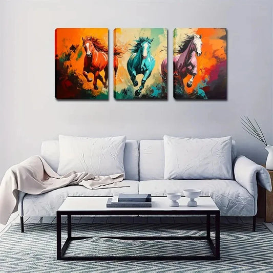 3pcs Running Forward Horse Figurative Style Wall Art Set Canvas Framed 40x60cm - High Quality Print 100% Australian Made Wall Canvas Ready to Hang