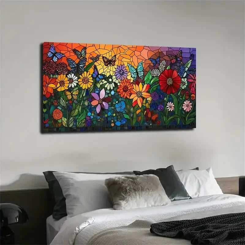 Vibrant Floral Stained Glass Wall Art Canvas Office Home Room Framed 120x60cm